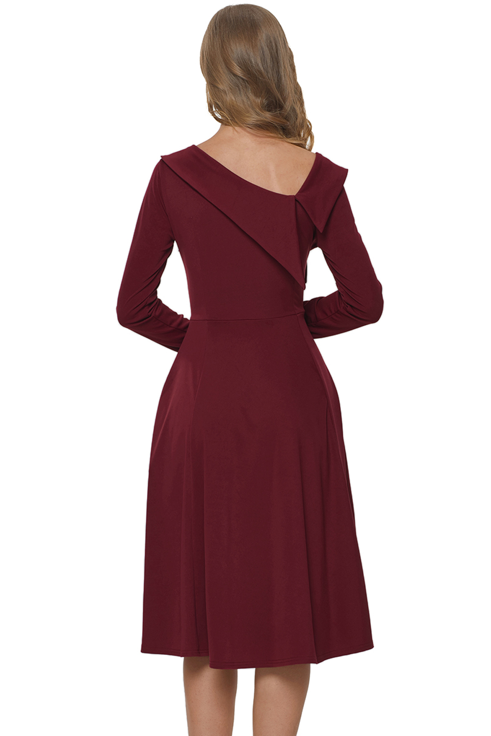 BY610388-3 Burgundy Retro Inspired Asymmetric Collar Flared Dress